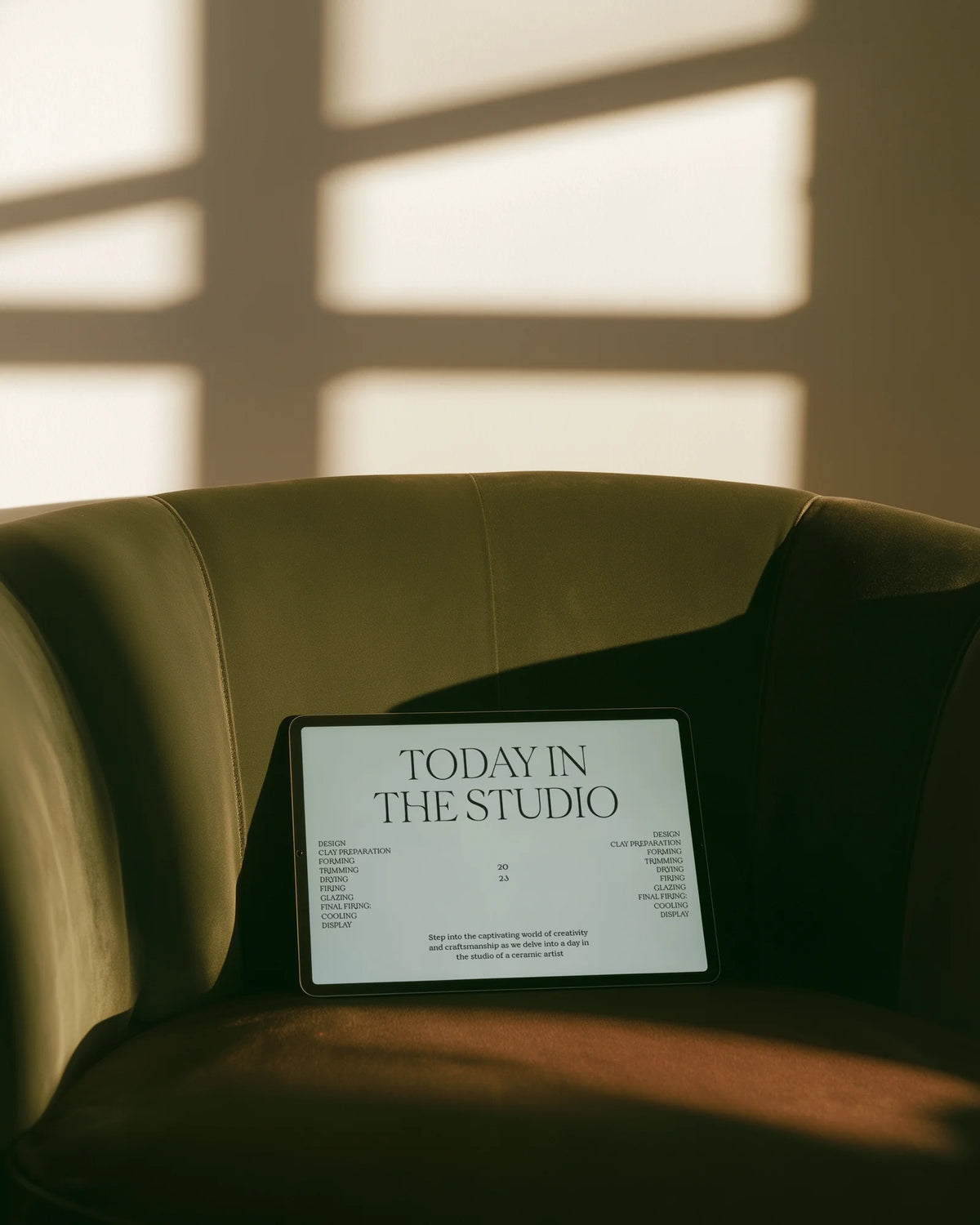 Velour serif font used on an iPad displaying a minimal editorial layout in a sunlit interior.