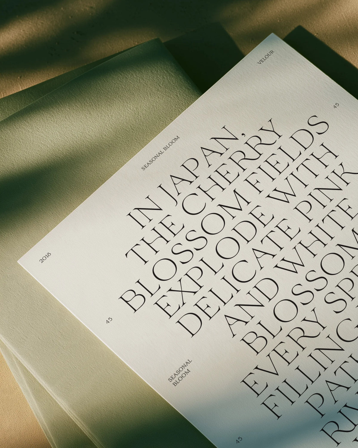 Velour serif font used in a printed editorial layout with large elegant typography.