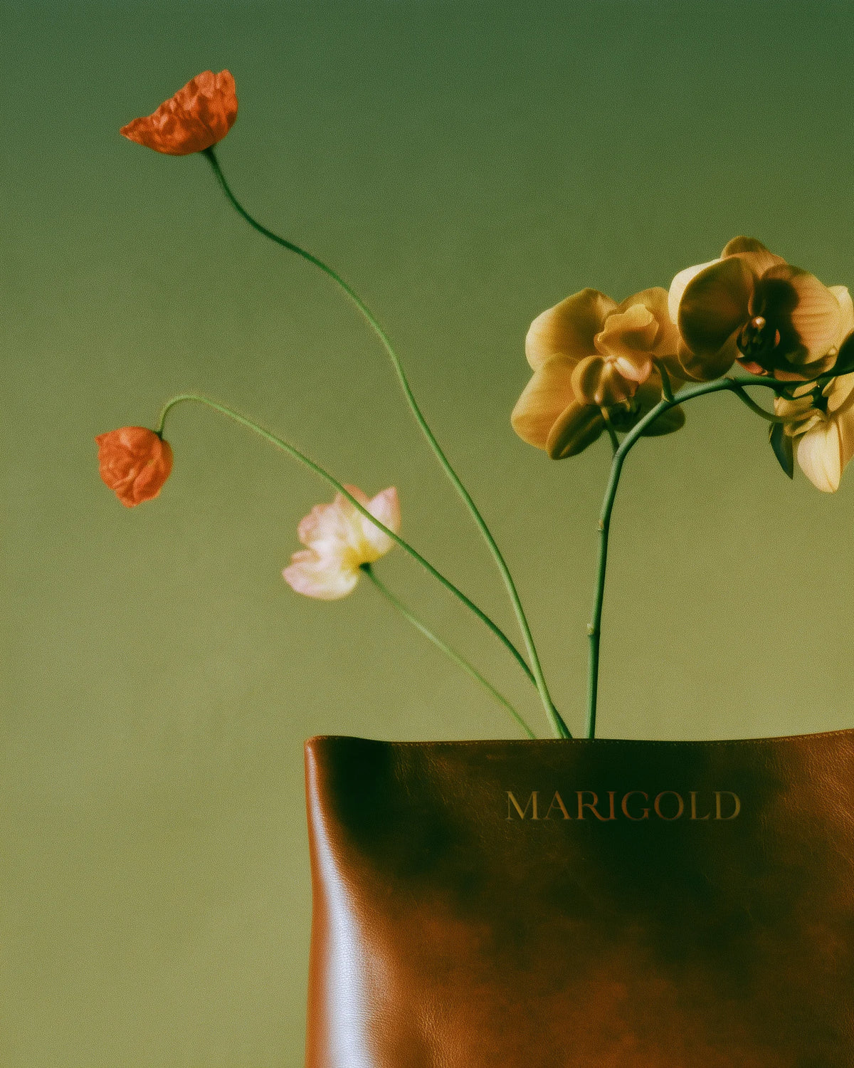 Velour font used on a brown leather bag styled with flowers and elegant serif branding.
